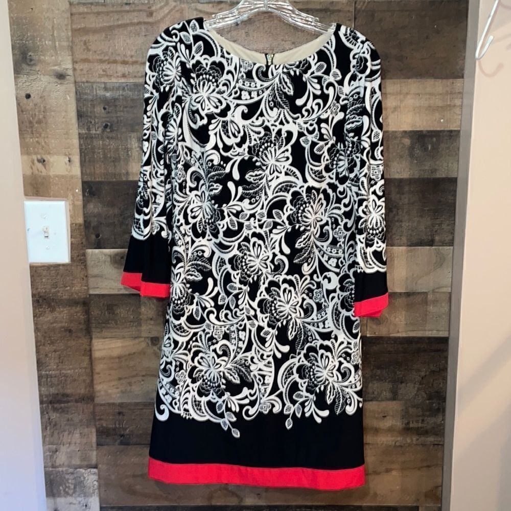 Eliza J Black, Cream & Red Patterned and Color Block 3/4 sleeve dress